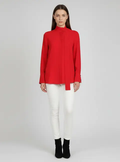 Valentino Red Crepe Neck Tie Long Sleeve Shirt S