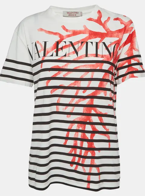 Valentino White Striped Coral Branch Print Jersey T-Shirt S