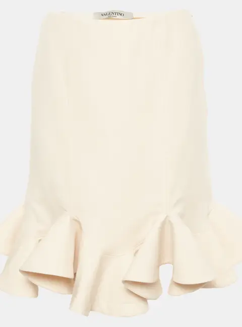 Valentino Cream Wool and Silk Blend Crepe Flounce Hem Skirt S