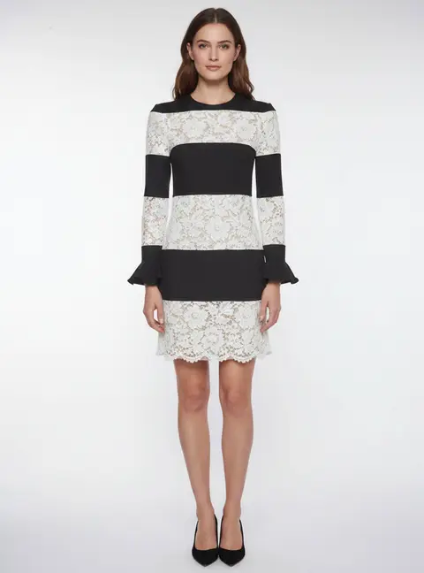 Valentino Black/Off White Crepe & Lace Stripe Long Sleeve Mini Dress S