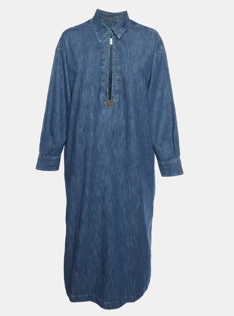 Valentino Blue Logo Plaque Embellished Denim Kaftan Maxi Dress S