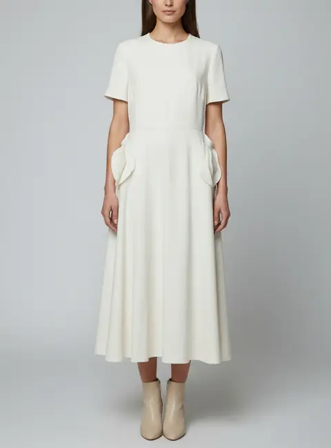 Valentino Cream Wool & Silk Rose Appliqued Midi Dress L