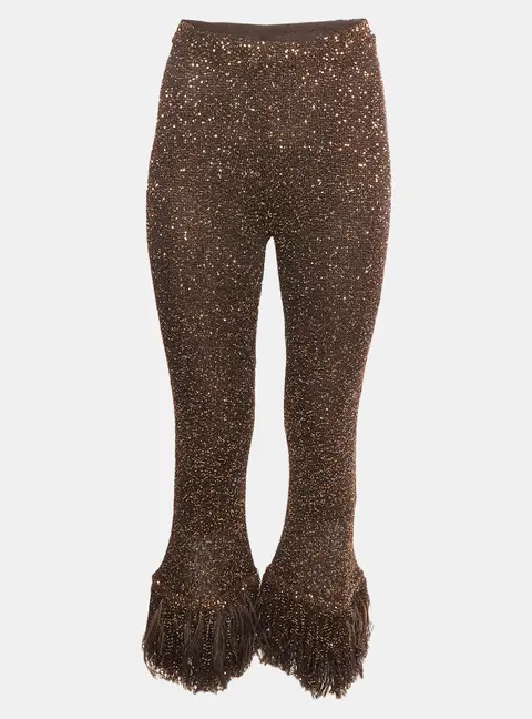 Valentino Garavani Brown Sequin Feather Trim Flared Pants XS
