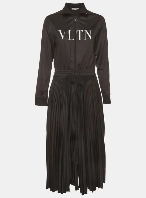Valentino Black Printed Jersey And Plisse Turtleneck Midi Dress L