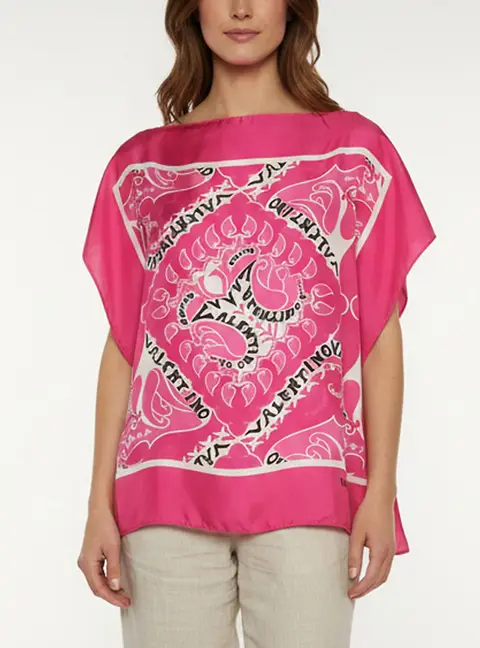 Valentino Pink Manifesto Bandana Print Silk Scarf Top S
