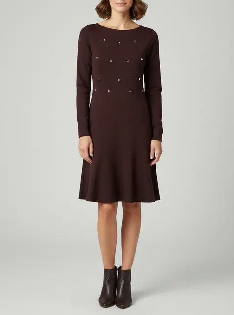 Valentino Brown Crepe Rock Stud Detail Long Sleeve Mini Dress L