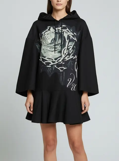 Valentino Black Graphic Print Silk Blend & Crepe Hooded Mini Dress S