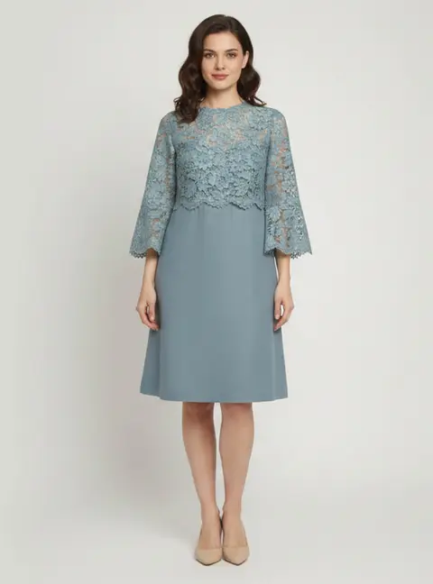 Valentino Blue Lace and Crepe Long Sleeve Short Dress M