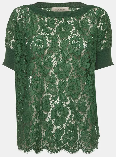 Valentino Green Floral Lace Boat Neck Sheer Oversize Top M