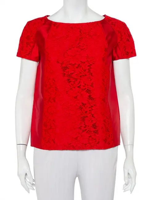 Valentino Red Silk & Lace Paneled Oversized Top S