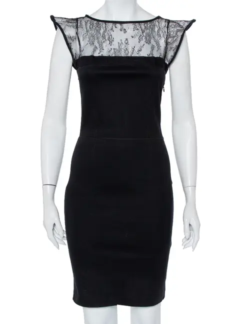 Valentino Black Knit & Lace Paneled Sheath Dress M