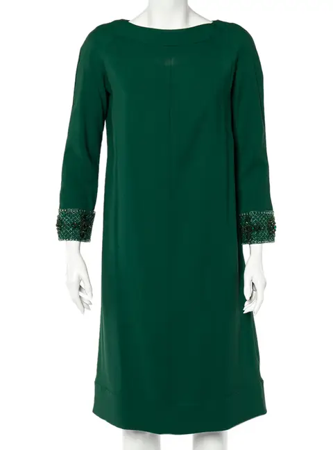 Valentino Green Crepe Embellished Sleeve Cape Detail Shift Dress M