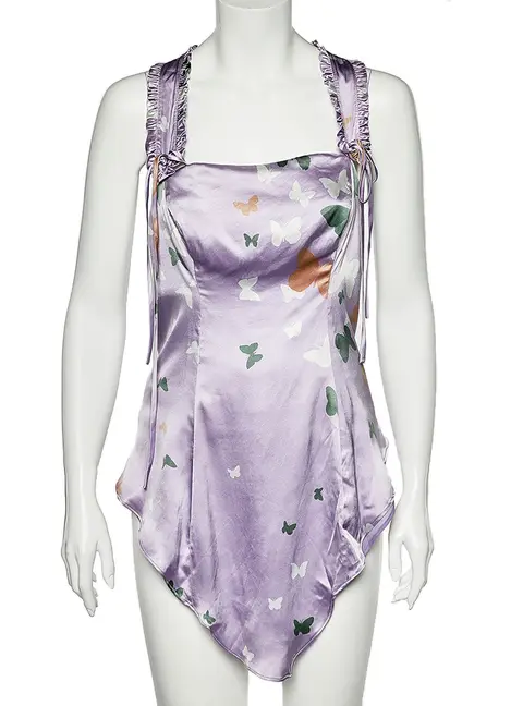 Valentino Lilac Butterfly Printed Silk Satin Asymmetric Hem Camisole M