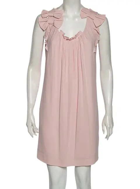Valentino Pink Chiffon Bow Applique Pleated Yolk Detailed Shift Dress M