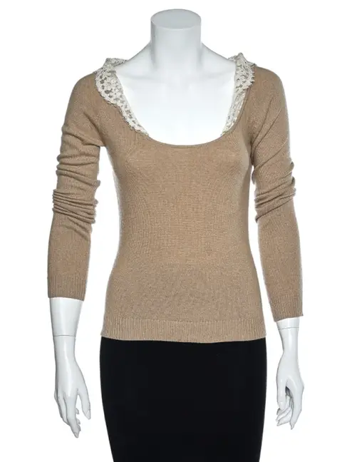 Valentino Vintage Beige Wool & Cashmere Lace Trim Detail Top S