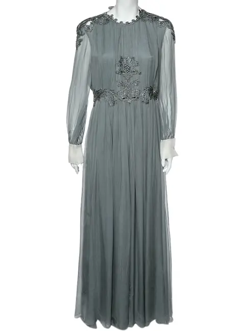 Valentino Grey Crepe de Chine Silk Embellished Maxi Dress L