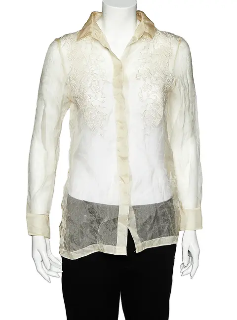 Valentino Cream Embroidered Silk Sheer Shirt M