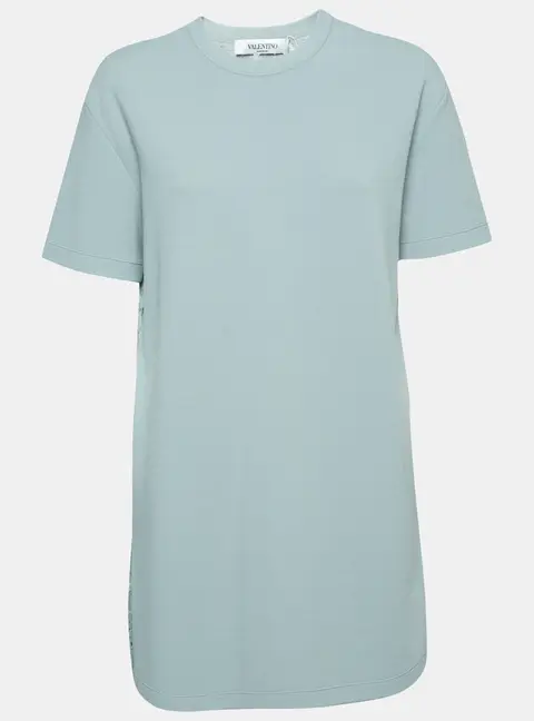Valentino Powder Blue Knit & Lace Paneled Short Sleeve Dress M