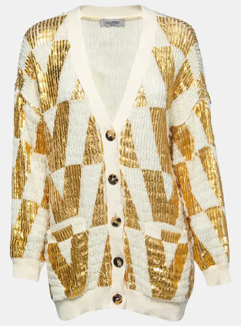 Valentino White & Gold Coated Wool Knit Oversized Cardigan XS