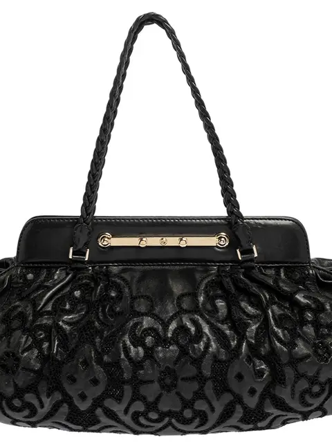 Valentino Black Leather Floral Embroidered Frame Satchel