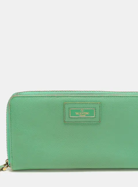 Valentino Green Leather Zip Around Wallet
