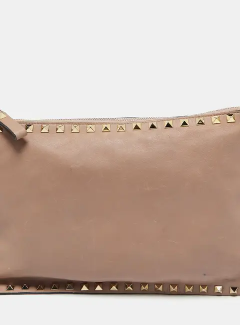 Valentino Beige Leather Rockstud Zip Pouch Clutch