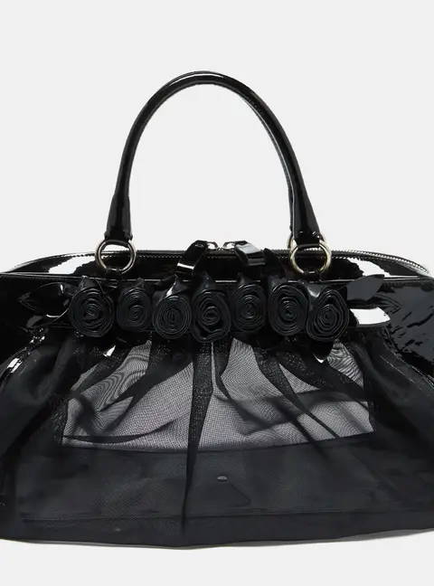 Valentino Black Mesh and Patent Leather Petale Rose Dome Satchel