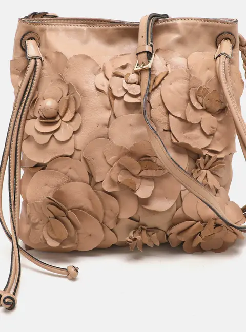 Valentino Beige Leather Floral Applique Shoulder Bag