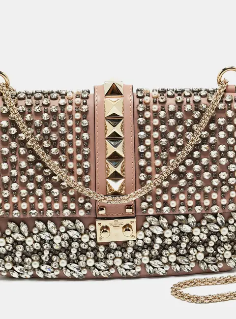 Valentino Light Pink Leather Medium Rockstud Glam Crystals Embellished Lock Flap Bag