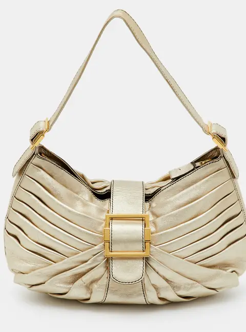 Valentino Garavani Metallic Gold Leather Pleated Shoulder Bag