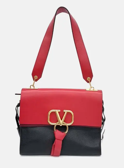 Valentino Black/Red Leather V-Ring Shoulder Bag
