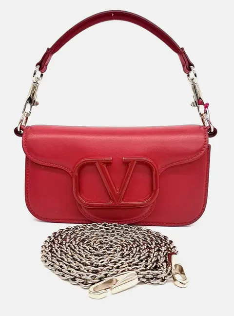 Valentino Red Leather V-Logo Rocco Shoulder Bag Small