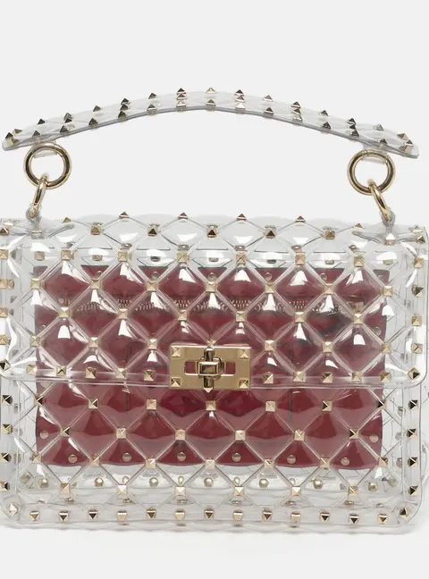 Valentino Transparent /Red PVC Medium Rockstud Spike Top Handle Bag