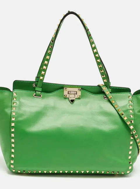 Valentino Rockstud Trapeze Medium Green Leather Tote Bag