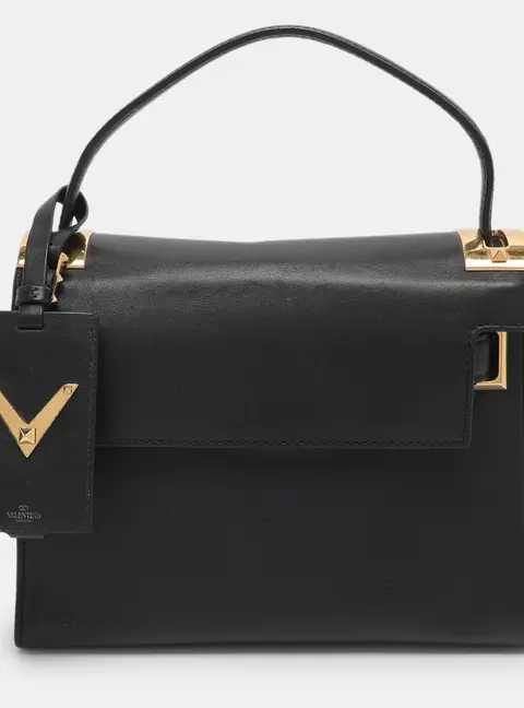 Valentino Embellished Flap Black Leather Top Handle Bag