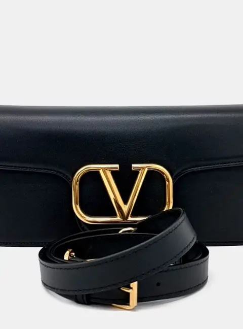 Valentino Black Leather V-ring shoulder bag