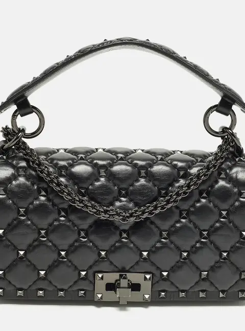 Valentino Rockstud Spike Black Quilted Leather Top Handle Bag