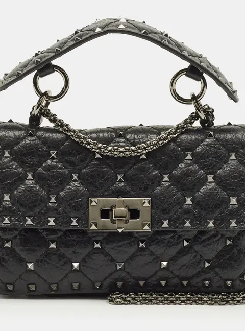 Valentino Rockstud Spike Small Black Quilted Leather Top Handle Bag