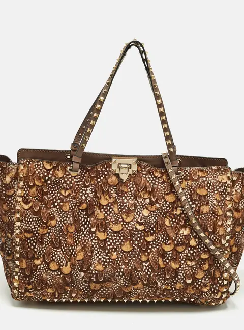 Valentino Rockstud Trapeze Brown Feather Print Calf Hair and Leather Tote