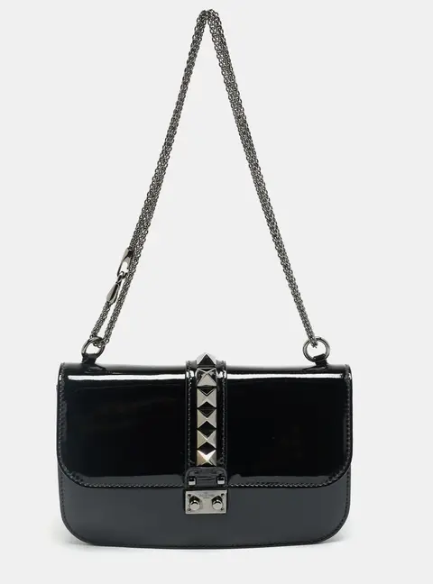 Valentino Rockstud Glam Lock Medium Black Patent Leather Flap Bag