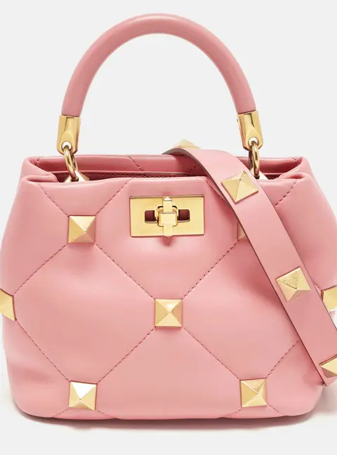 Valentino Roman Stud Small Pink Quilted Leather Top Handle Bag