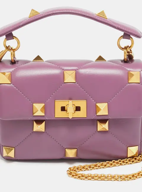 Valentino Roman Stud Medium Lilac Quilted Leather Top Handle Bag