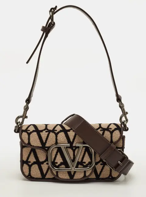 Valentino Vlogo Toile Iconographe Beige/Brown Canvas and Leather Plaque Shoulder Bag