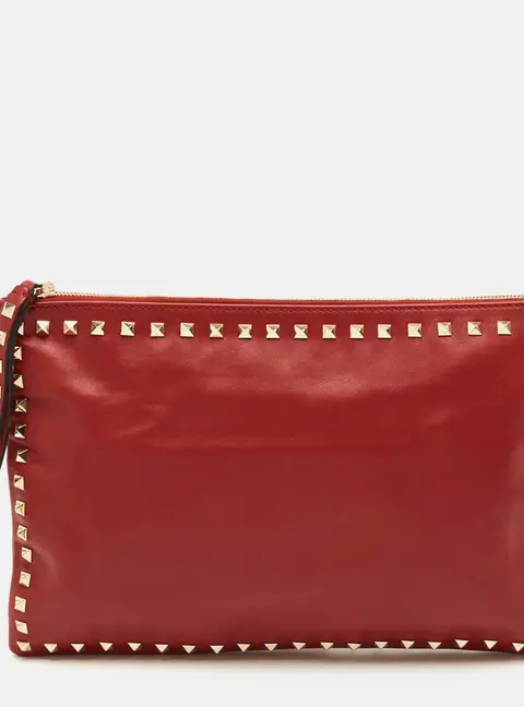 Valentino Rockstud Oversized Red Leather Wristlet Zip Pouch