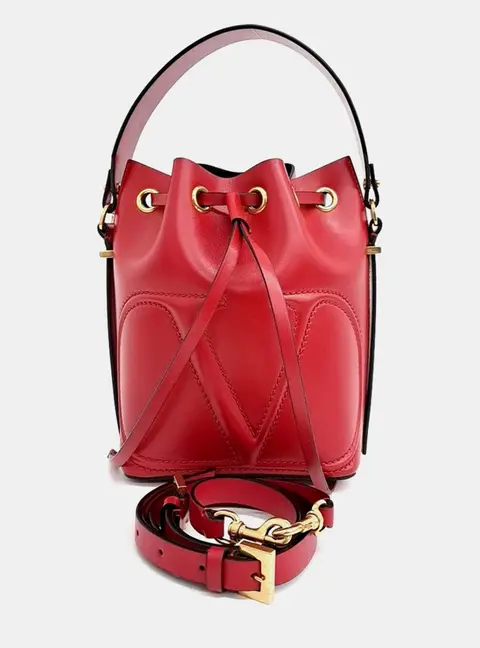 Valentino Red Leather Bucket Tote and Shoulder Bag