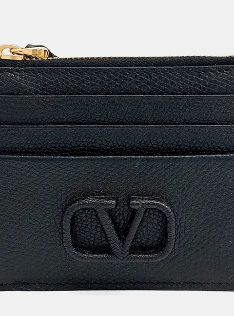 Valentino V-Logo Black Grained Leather Card Holder Bag
