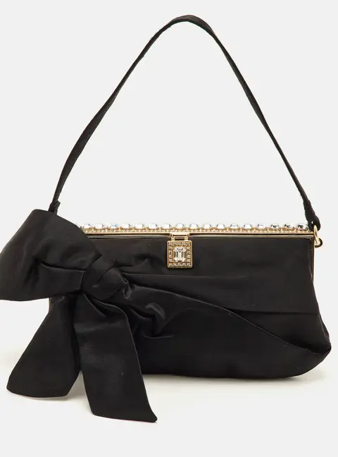 Valentino Bow Satin Crystals Embellished Frame Baguette Bag