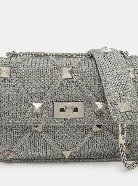 Valentino Roman Stud Silver Crochet Shoulder Bag