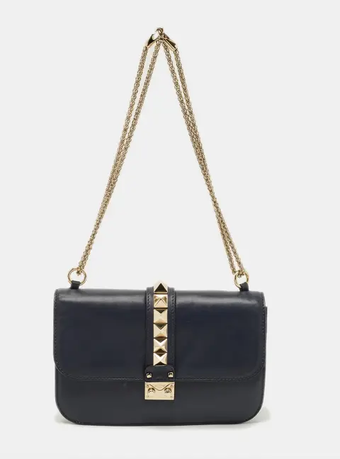 Valentino Rockstud Glam Lock Medium Navy Blue Leather Flap Bag