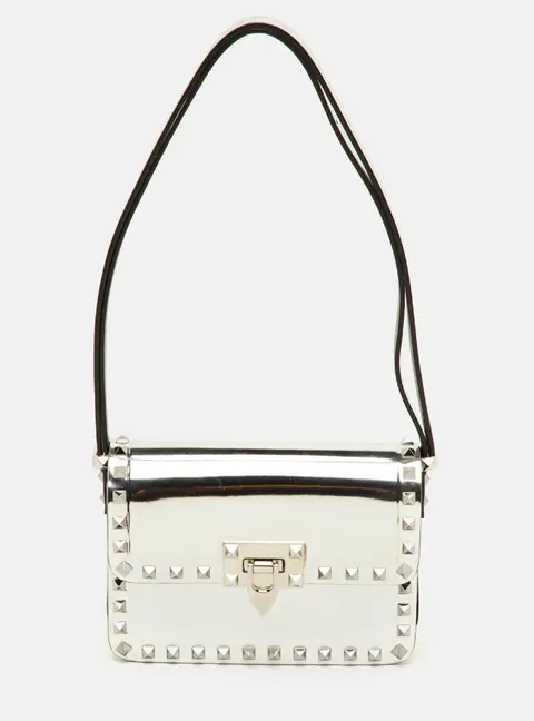 Valentino Rockstud Silver Leather Flap Shoulder Bag